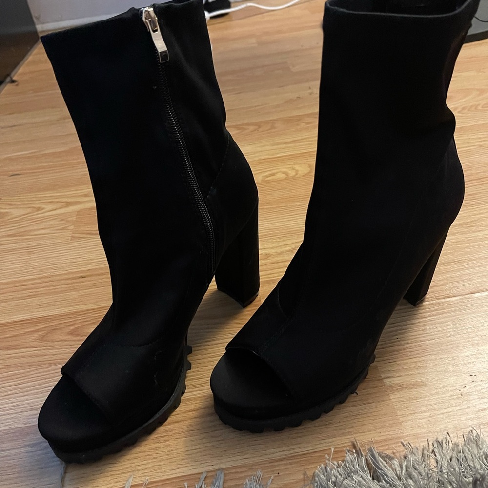 Black open toe ankle heel boots